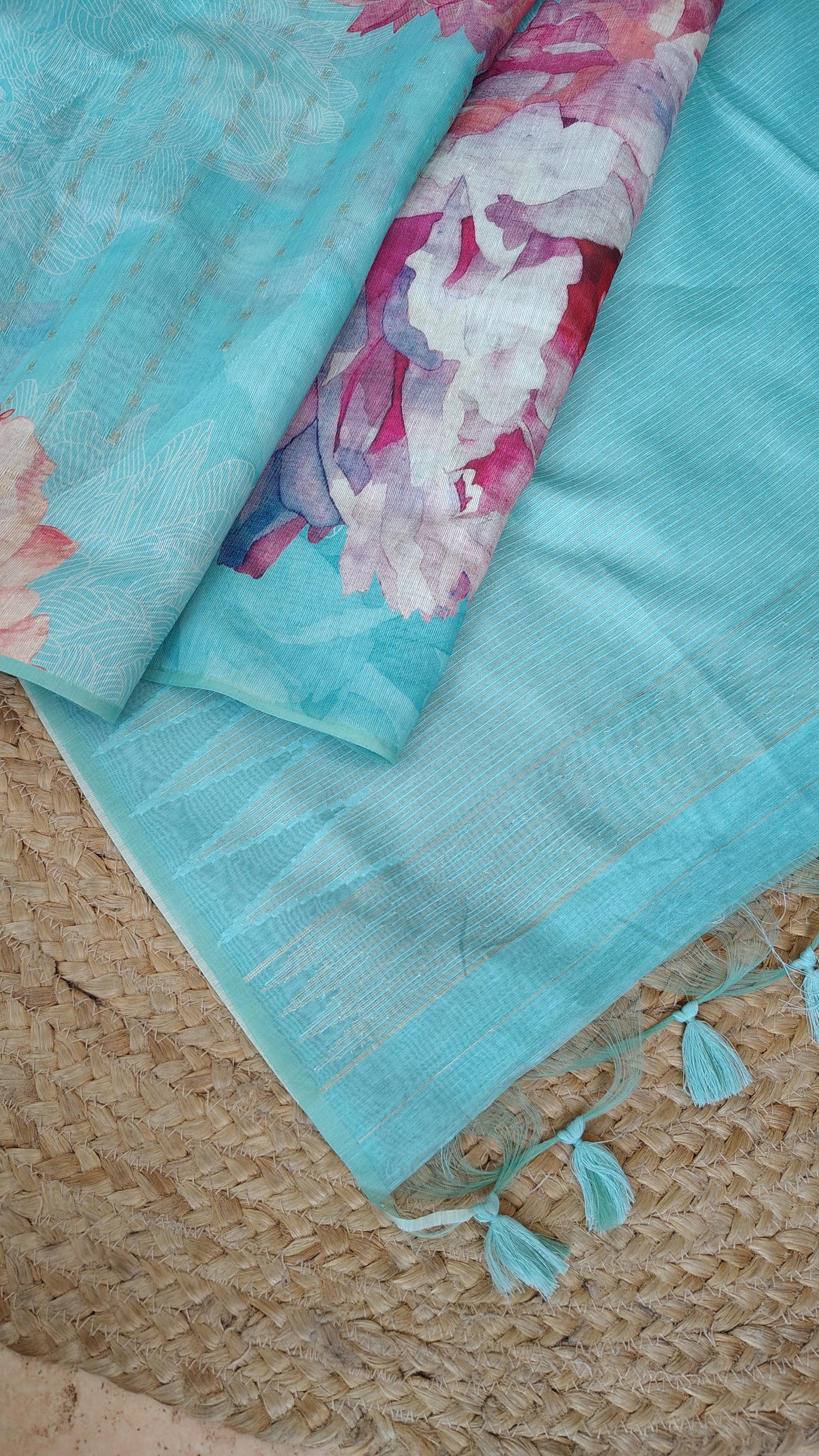 Pastel Floral Linen Silk Saree with Blouse | Lightweight Summer Linen Saree for Women