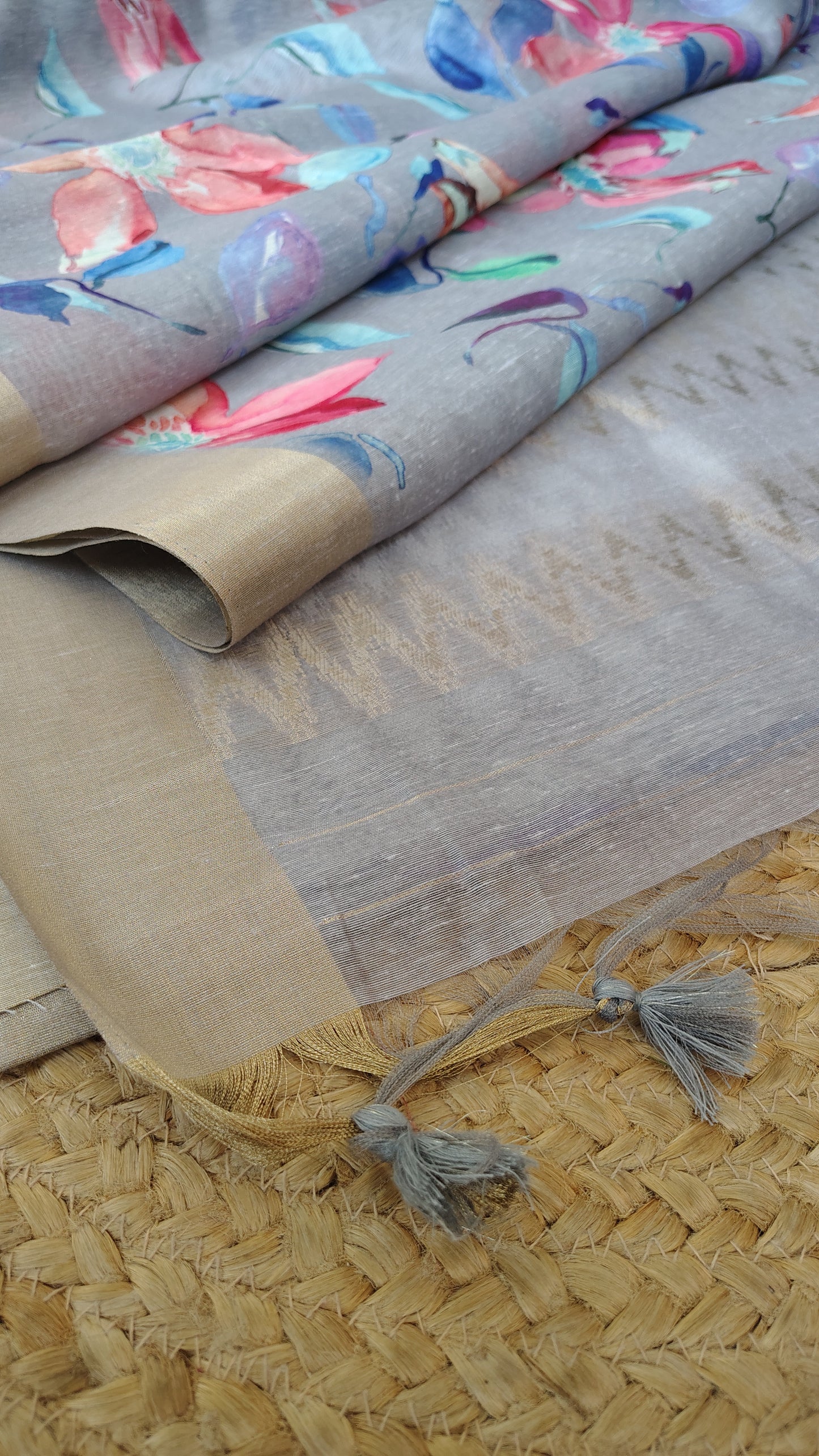 Pastel Floral Linen Silk Saree with Blouse | Lightweight Summer Linen Saree for Women