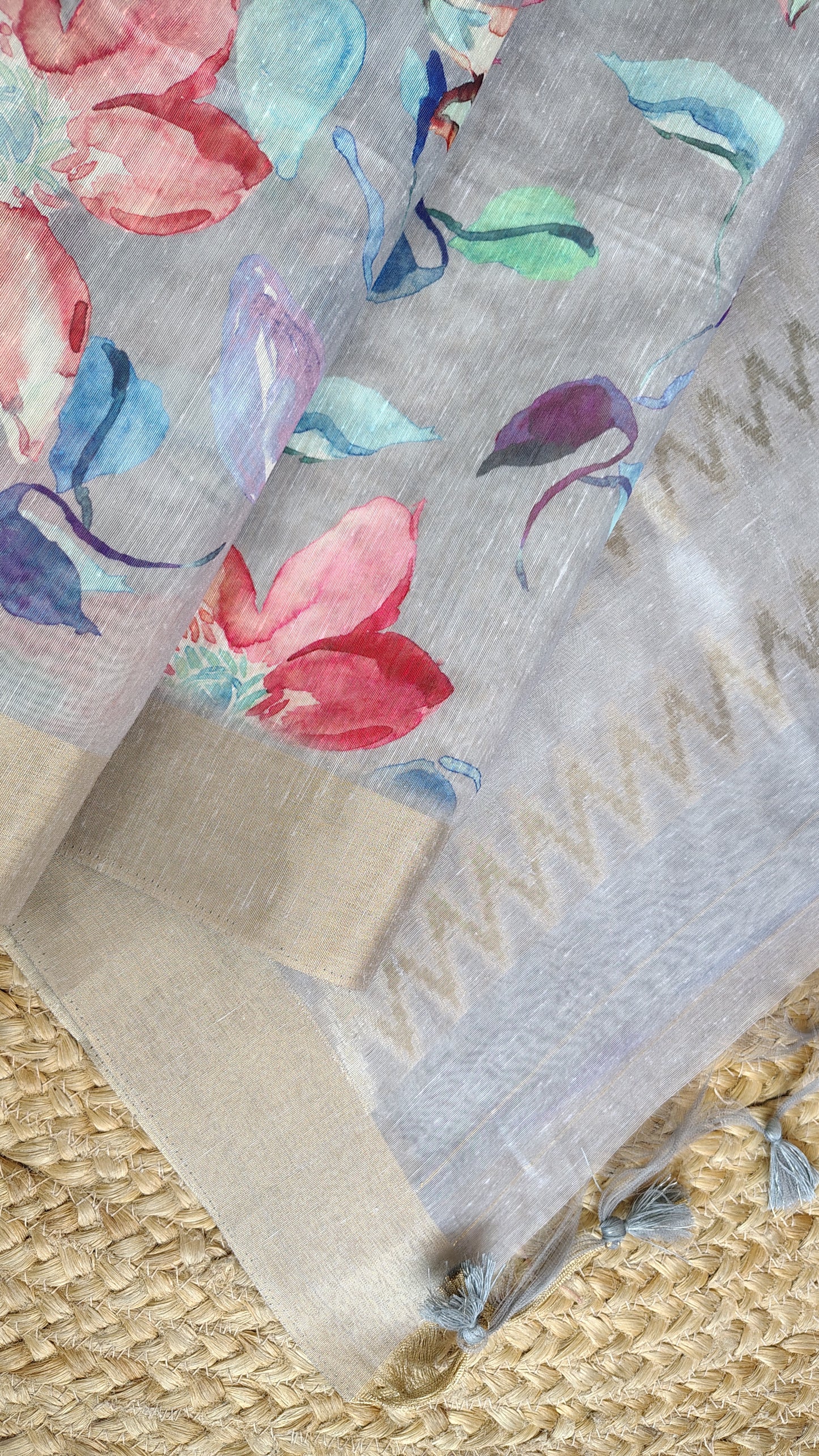 Pastel Floral Linen Silk Saree with Blouse | Lightweight Summer Linen Saree for Women