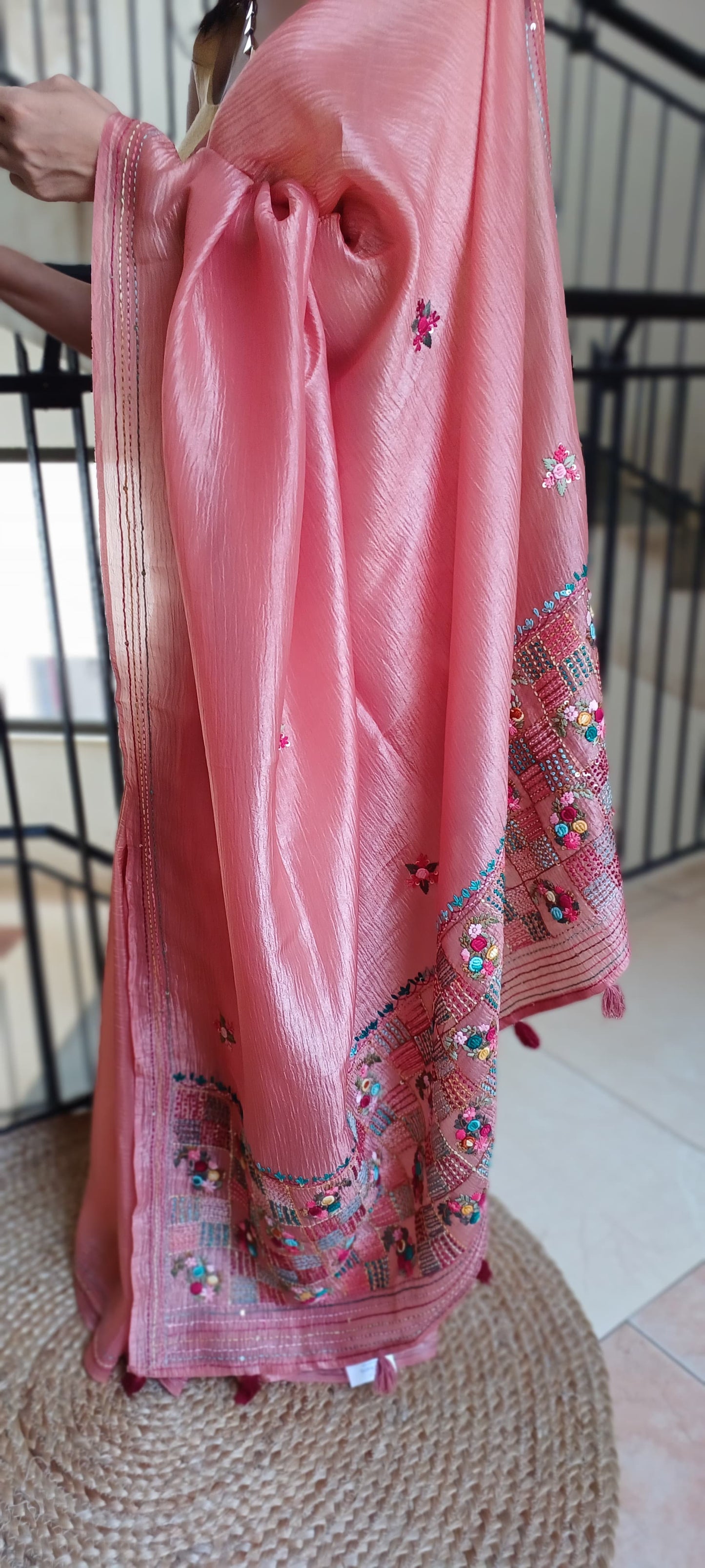 Crushed Tissue Silk Saree with Hand Embroidery –Rose Gold Party Wear Saree