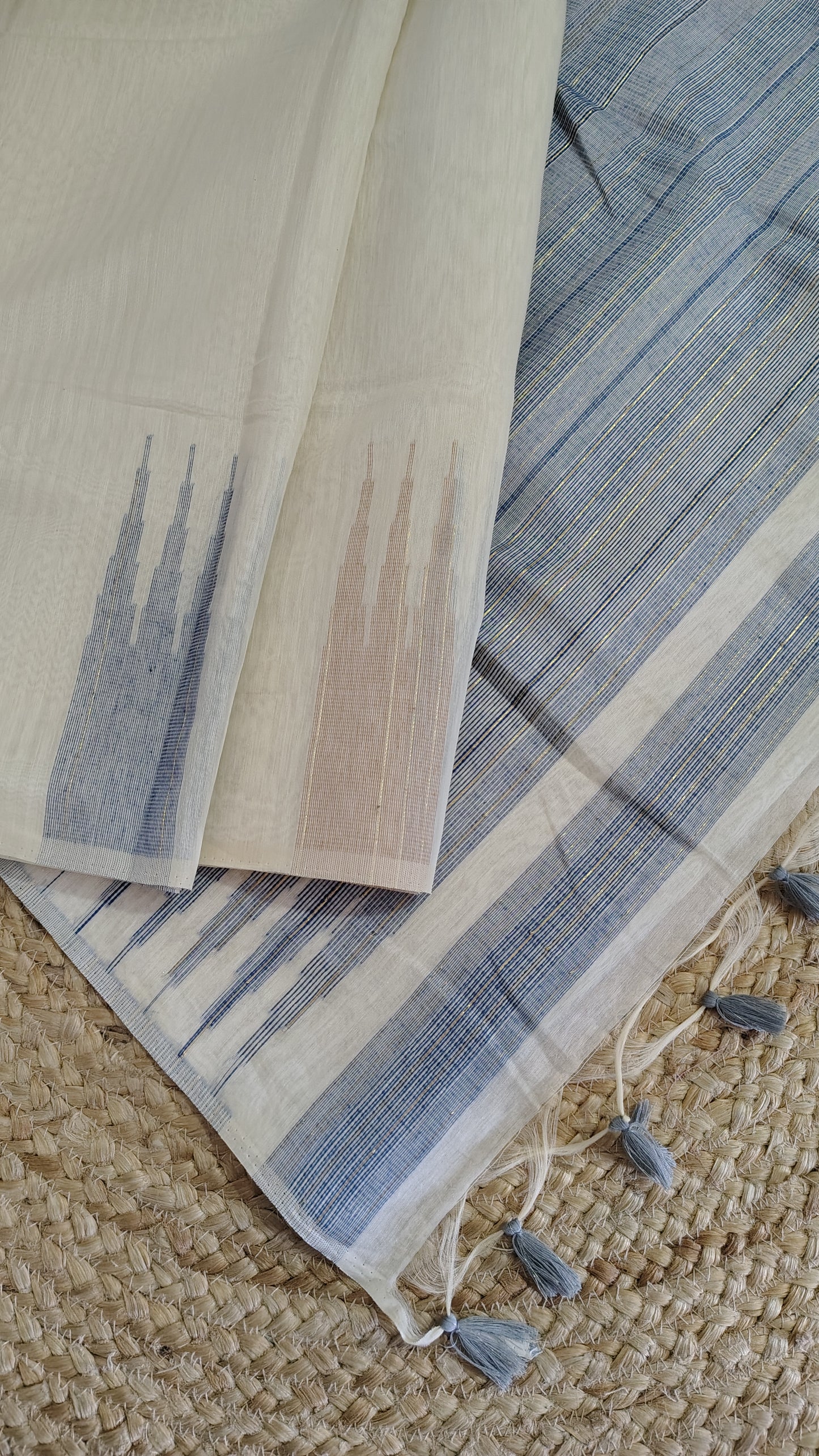 Elegant Off-White Linen Silk Saree with Unique Temple Border and Pastel Green Blouse