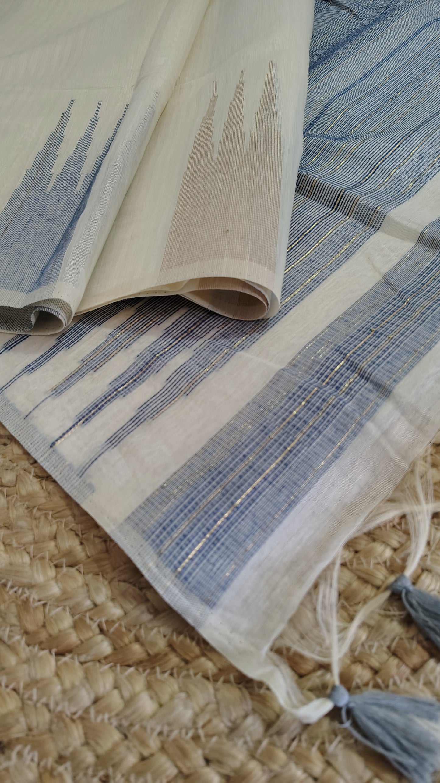 Elegant Off-White Linen Silk Saree with Unique Temple Border and Pastel Green Blouse