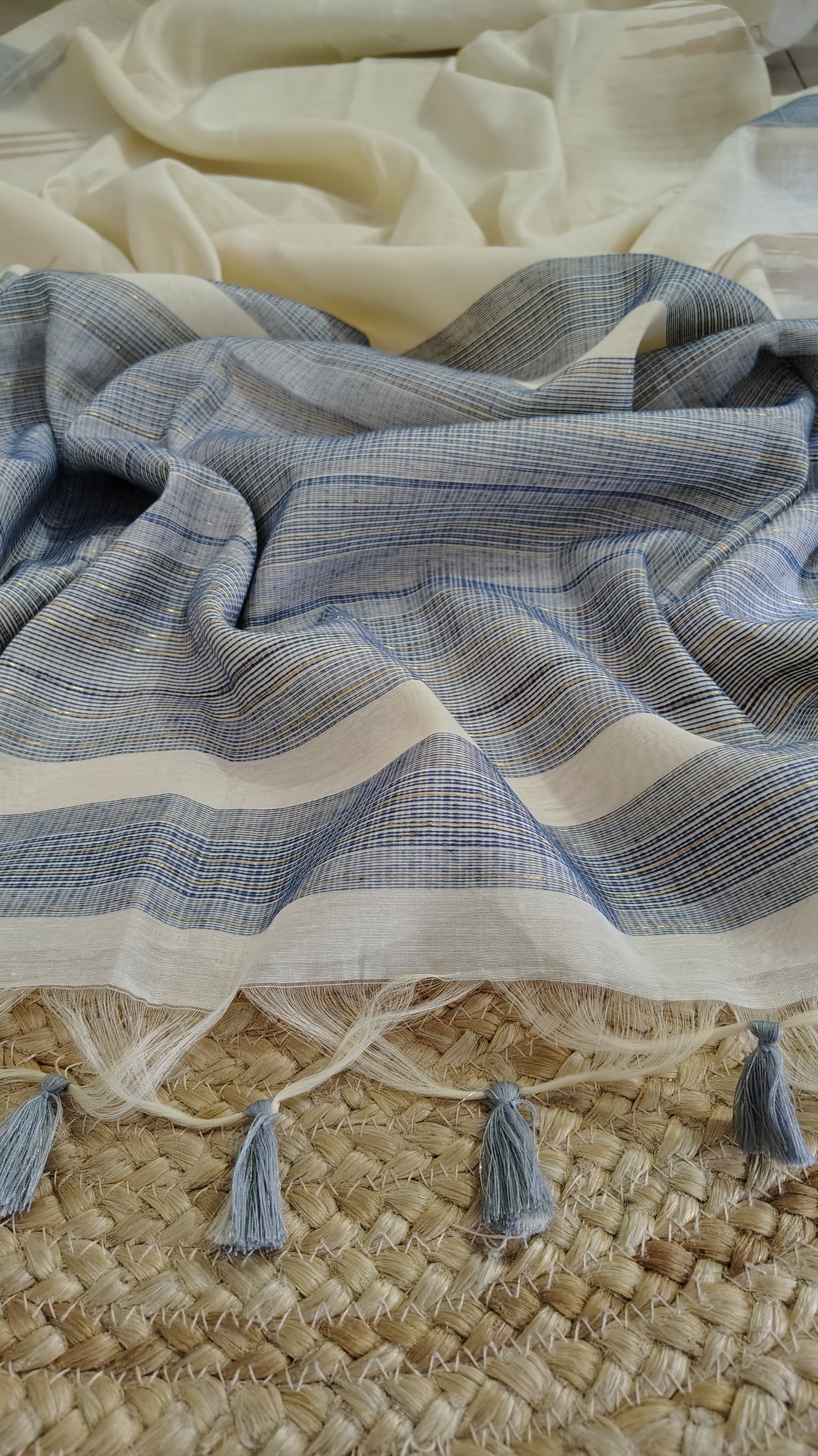 Elegant Off-White Linen Silk Saree with Unique Temple Border and Pastel Green Blouse