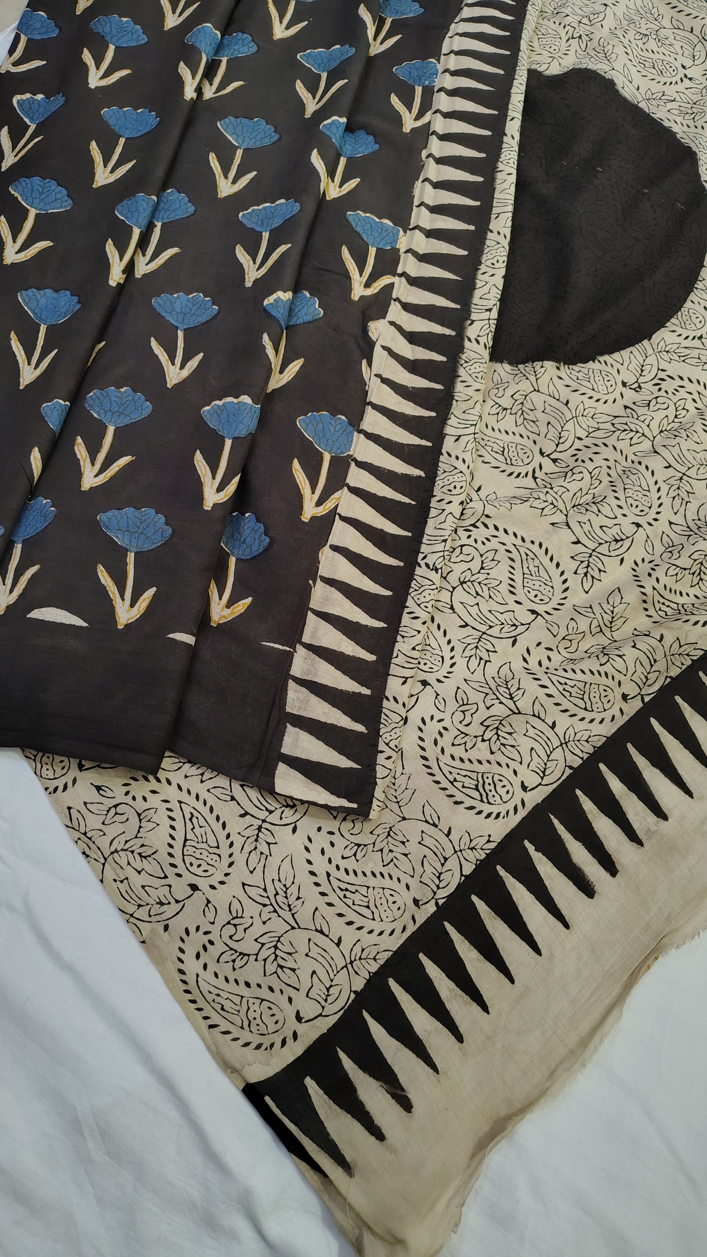 Ajrakh printed pure cotton saree | black and beige combo