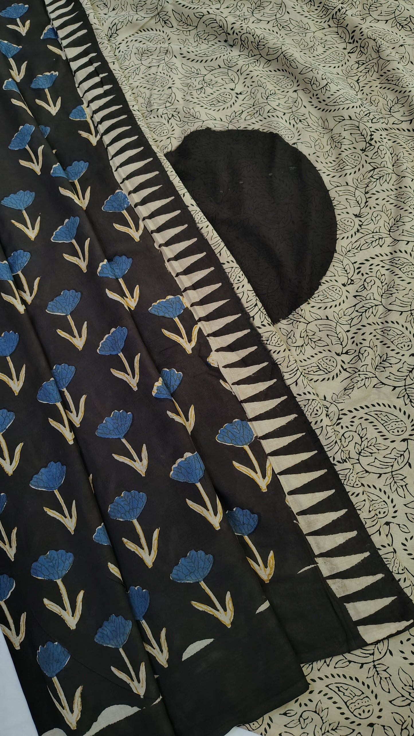 Close up of ajrakh print saree | organic mul cotton