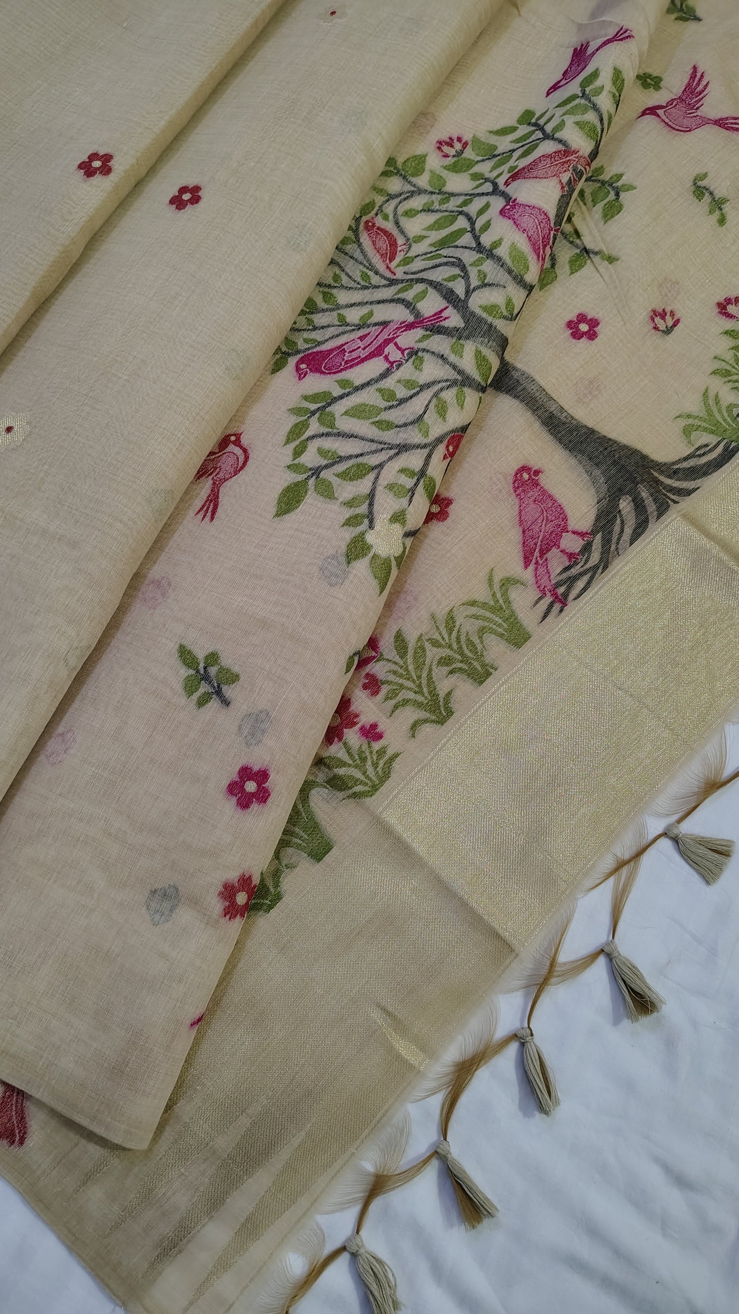 saree with tree of life design and bird weave on pallu