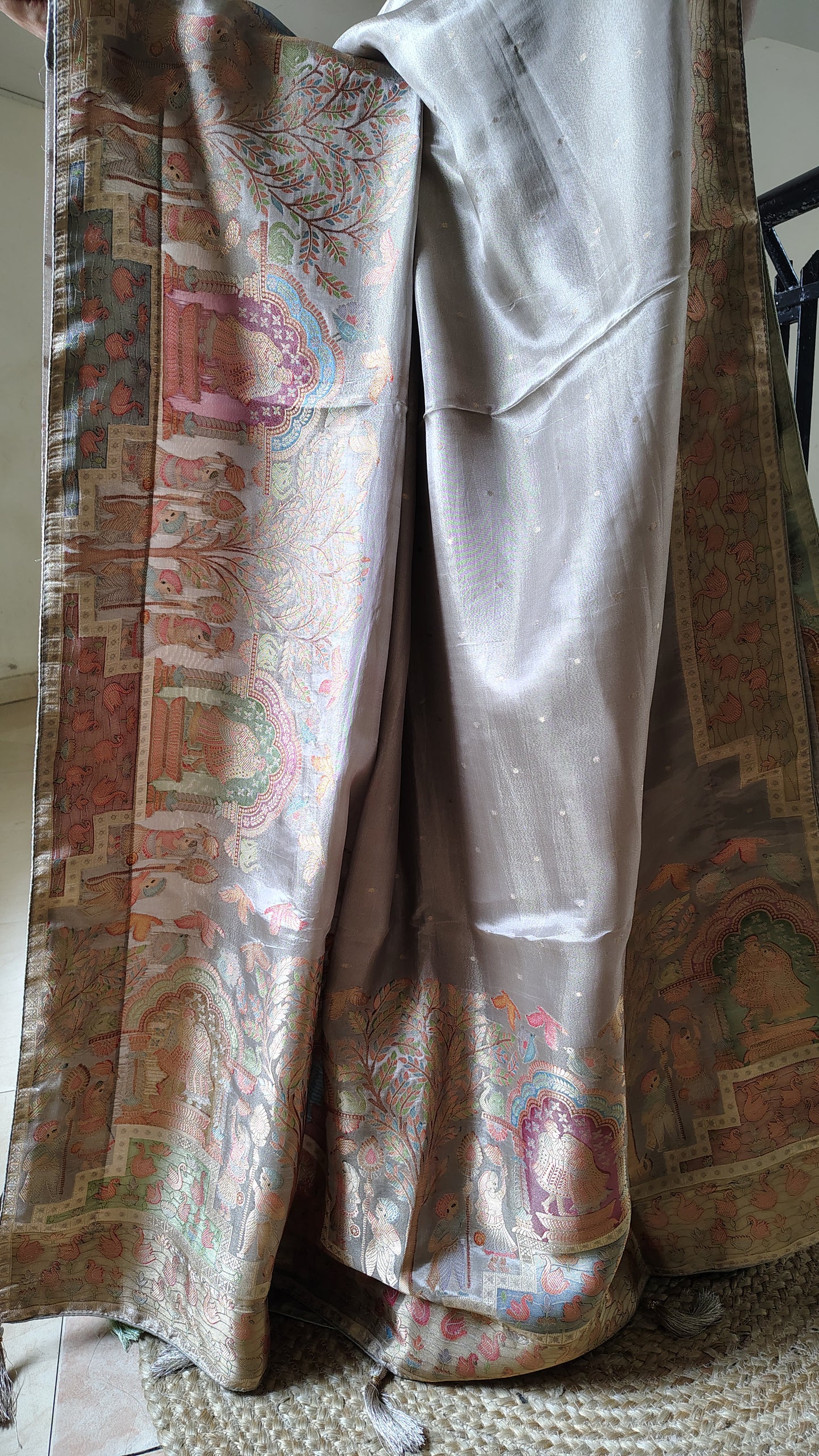 Metallic grey Banarasi Tissue Silk Saree with Figure Weaves