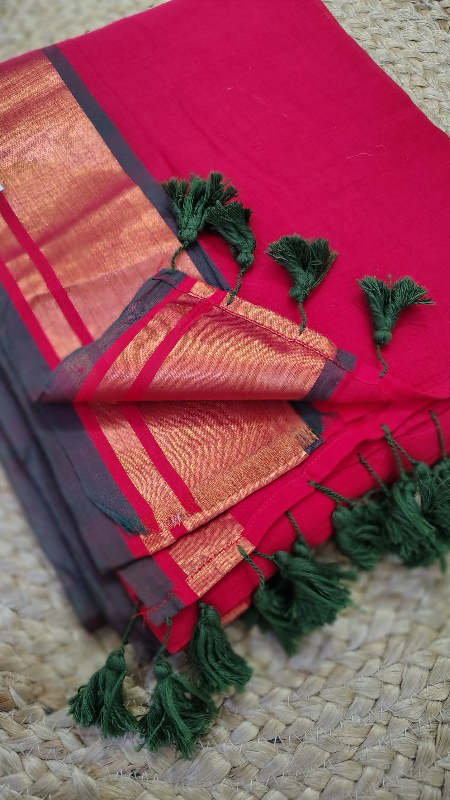 Red plain zari border Mul cotton Saree