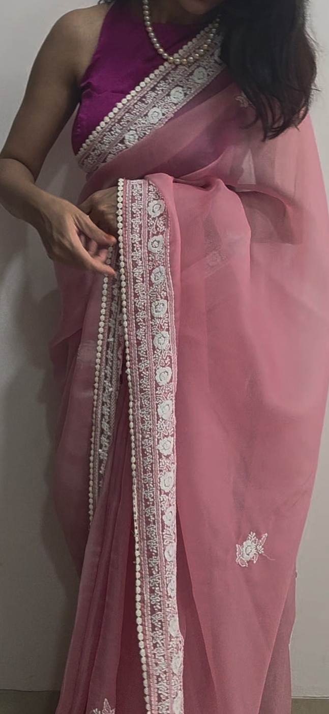 Rose Pink organza saree with Chikankari embroidery