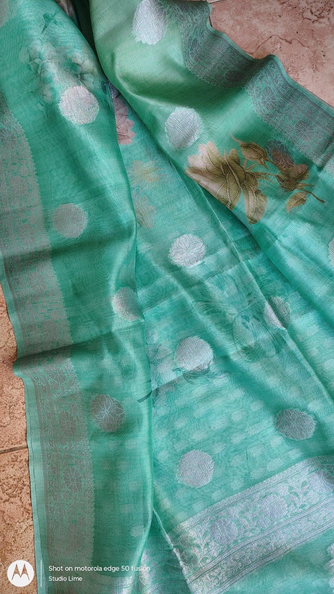 BANARASI SOFT SILK SAREE SILVER ZARI MOTIF , FRONT VIEW