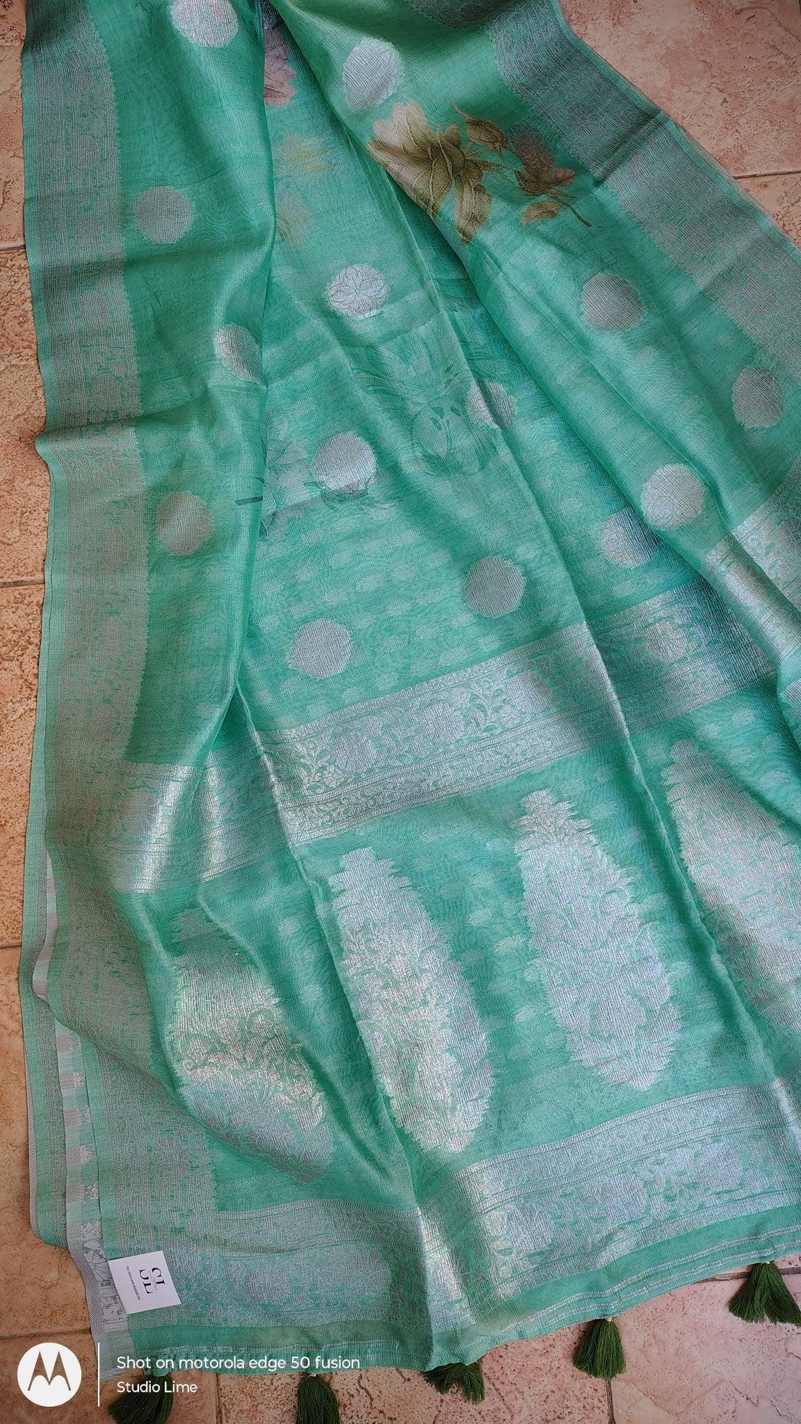 BANARASI SOFT SILK SAREE SILVER ZARI MOTIF , PALLU VIEW 2