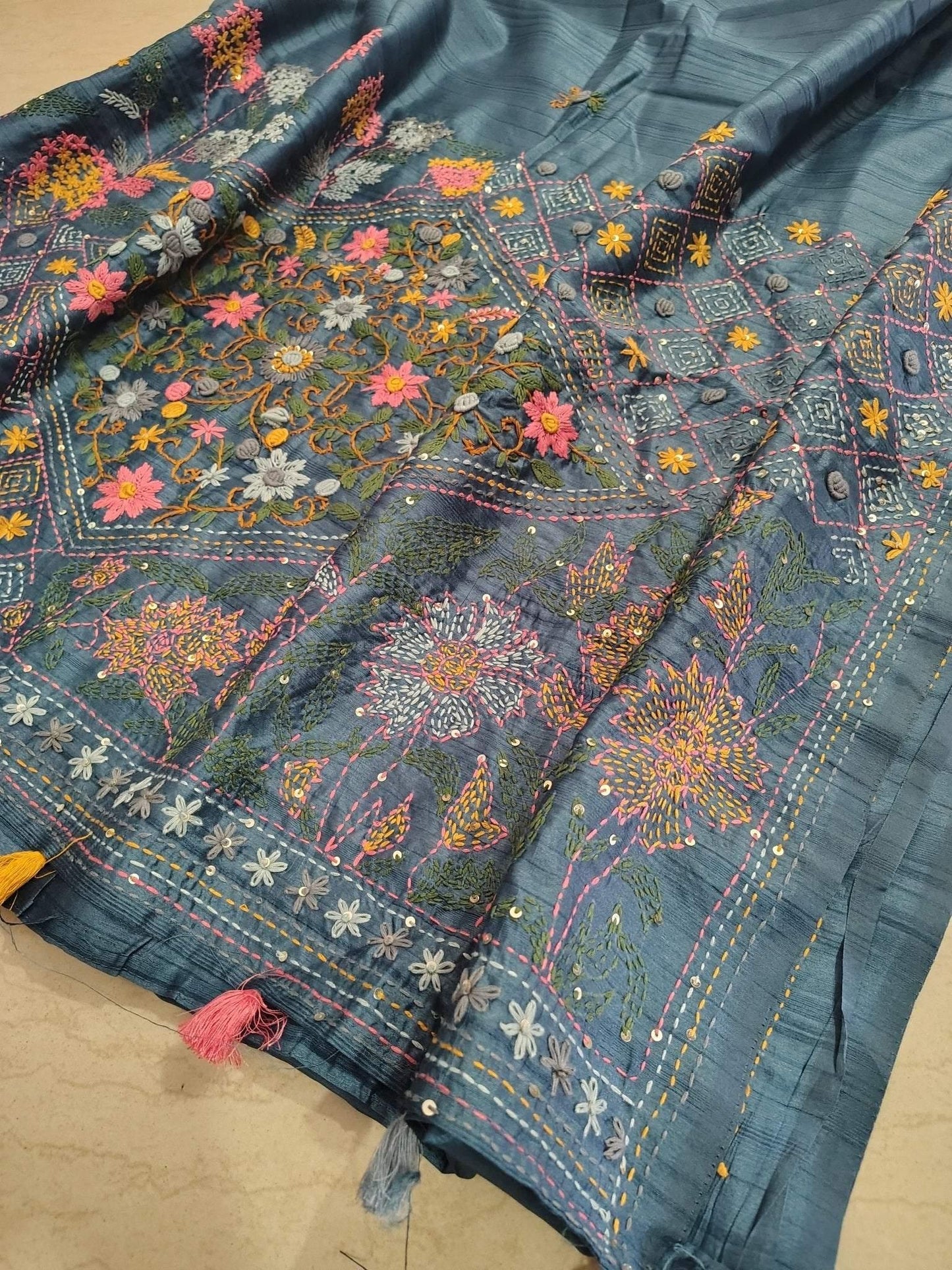 GUCCHA Blue Tussar silk saree , Pallu View