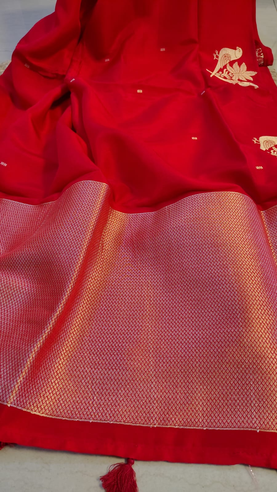 Red Semi Banarasi silk bird weave