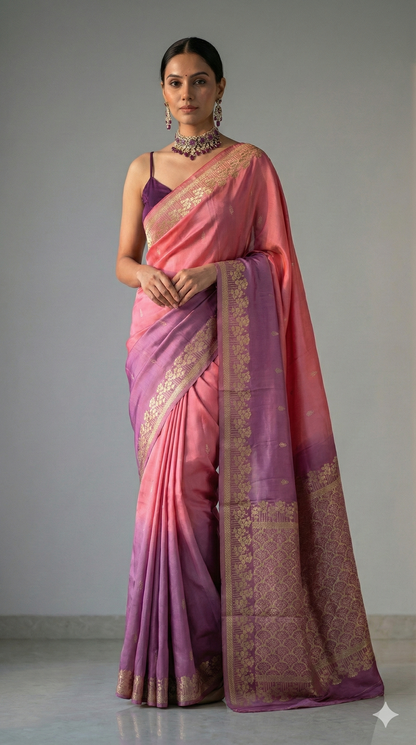 Shaded pink/ Lavender Satin Silk Saree