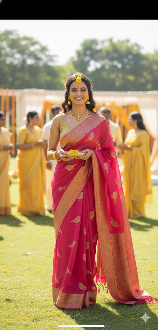 Pink Chinnon Bird weave Silk Saree