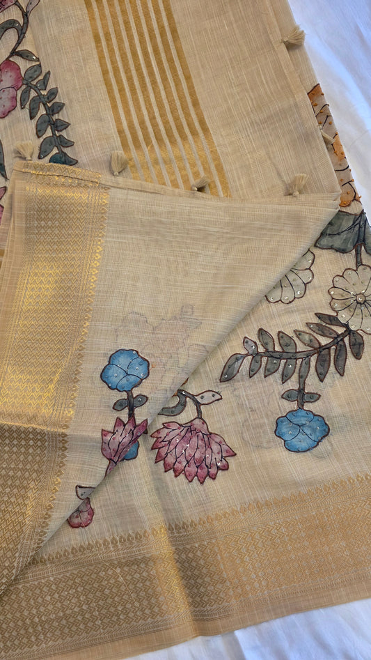 Ivory Linen silk Kalamkari applique | Saree