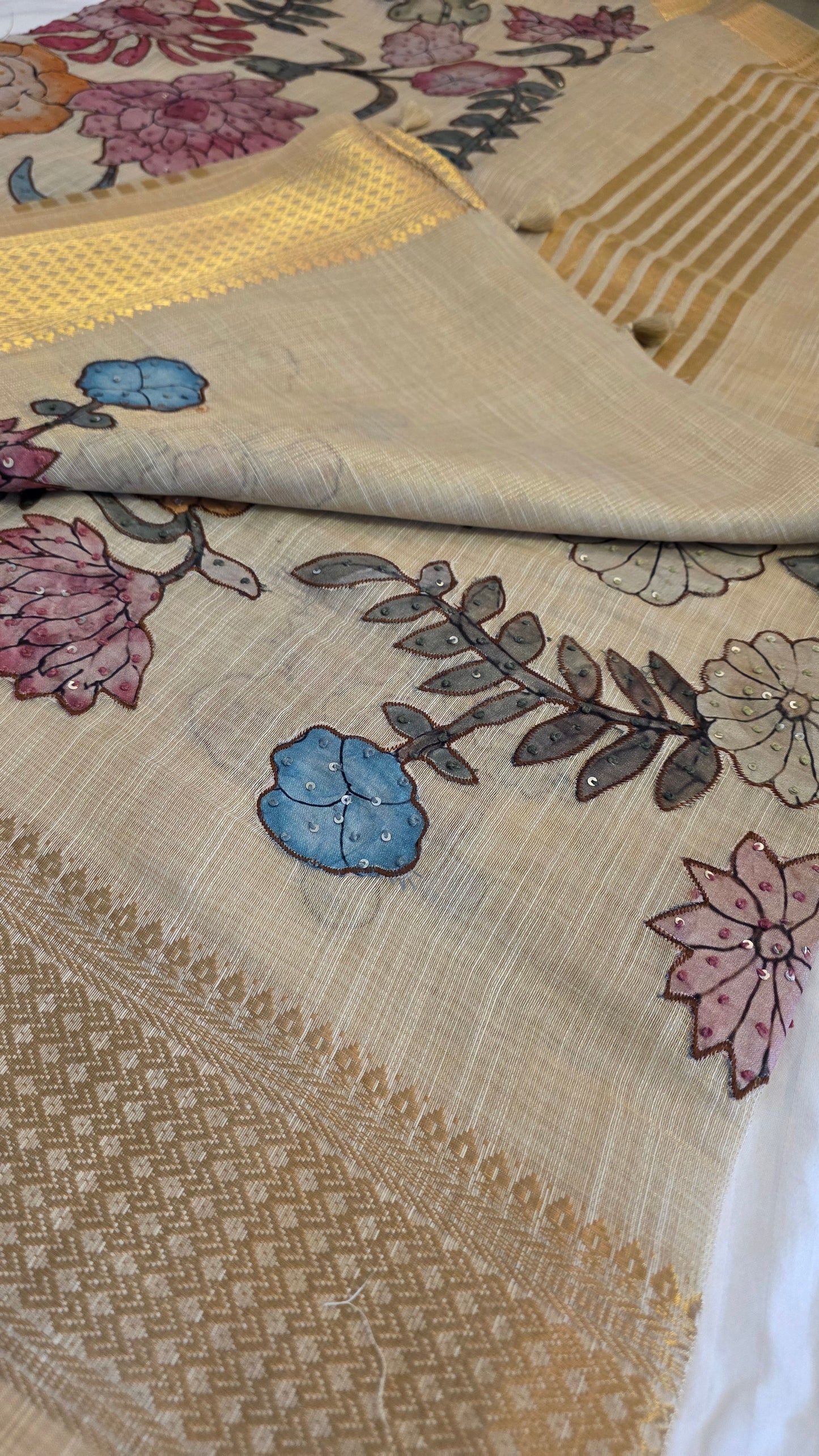 Ivory Linen silk Kalamkari applique | Saree
