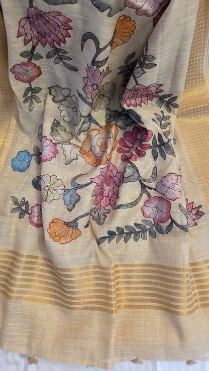 Ivory Linen silk Kalamkari applique | Saree