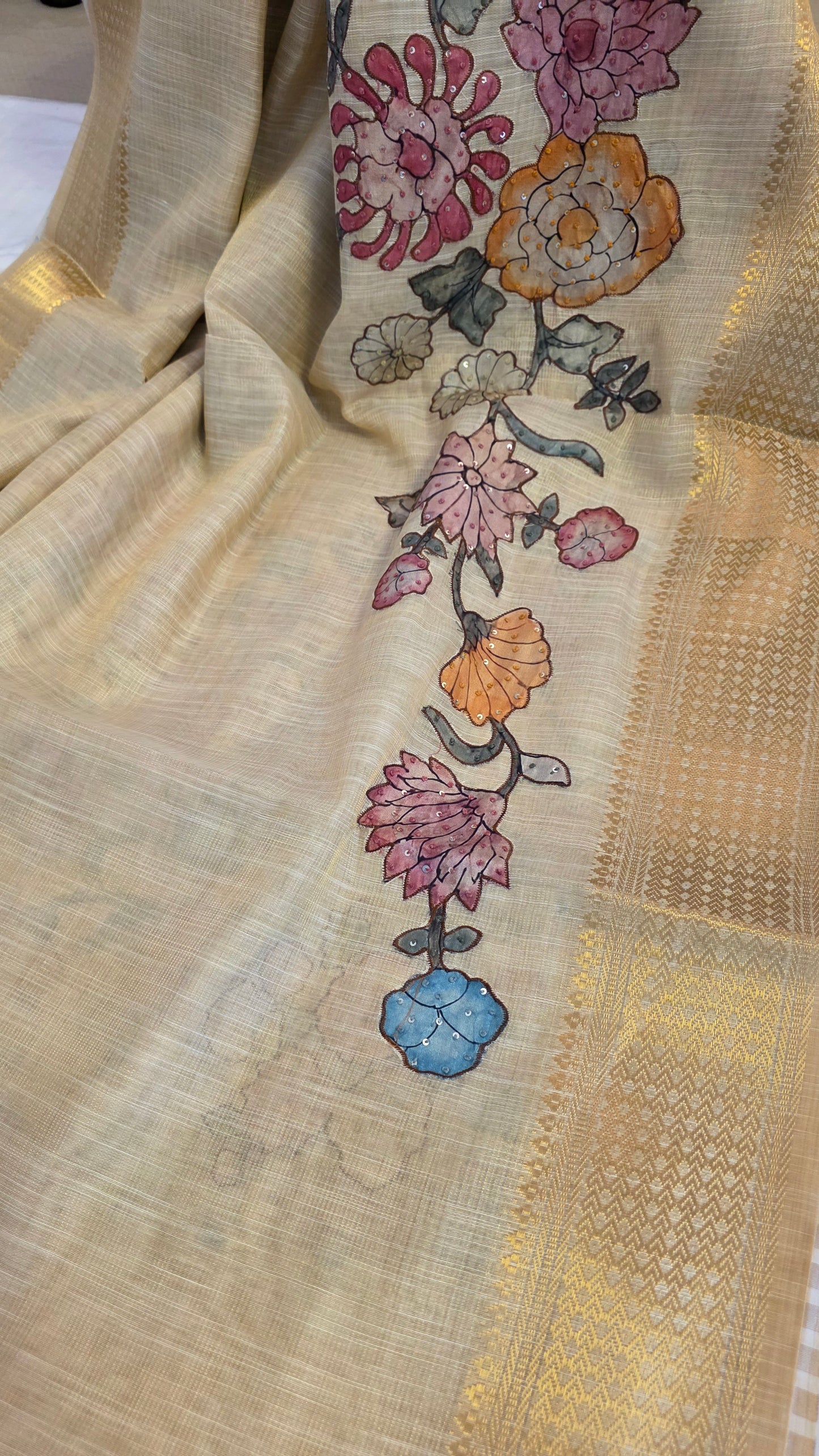 Ivory Linen silk Kalamkari applique | Saree