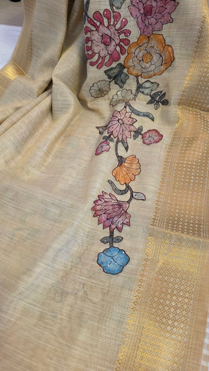 Ivory Linen silk Kalamkari applique | Saree