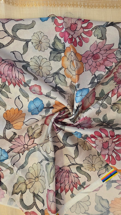 Ivory Linen silk Kalamkari applique | Saree