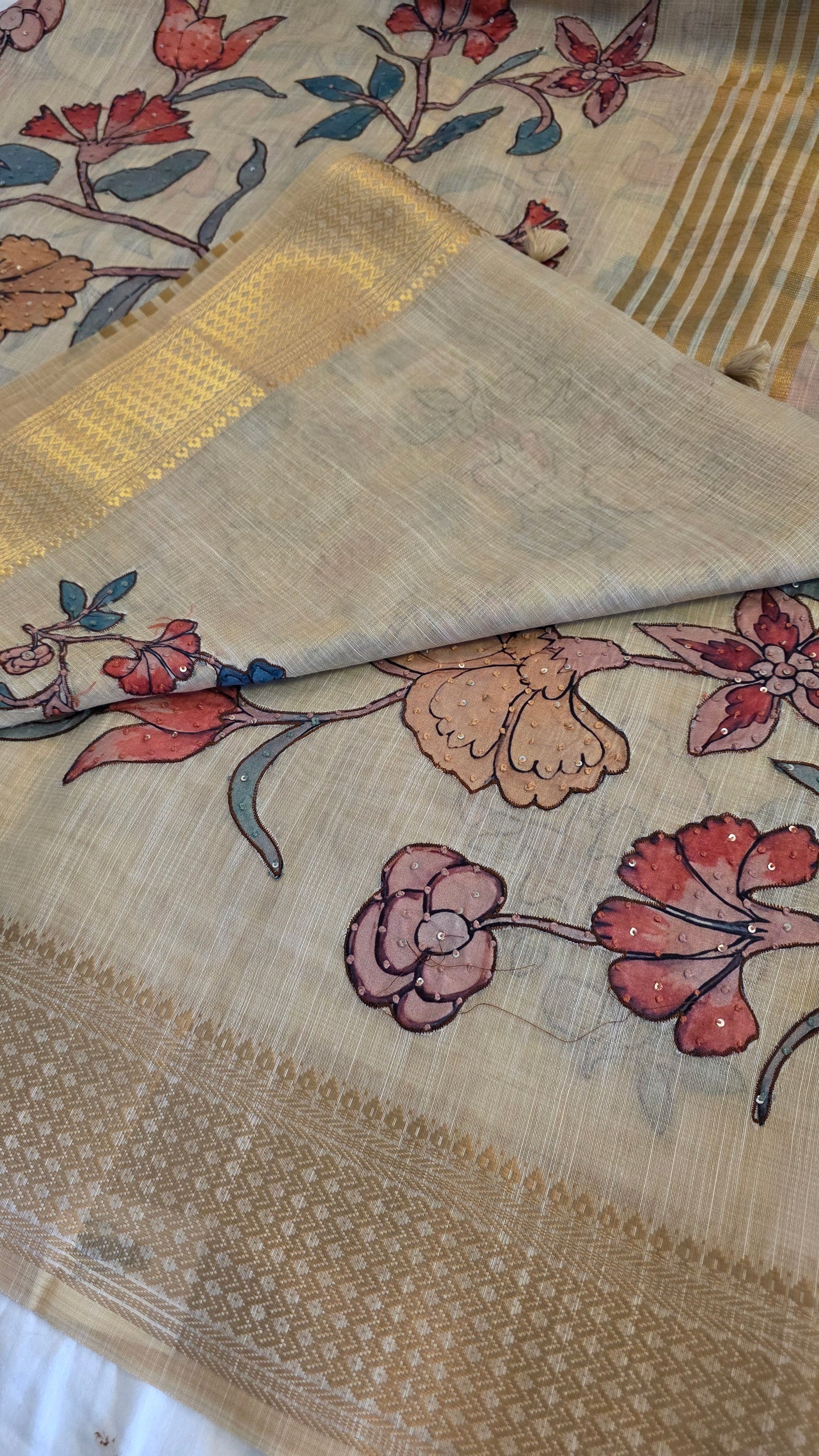Ivory Linen silk Kalamkari applique | Saree