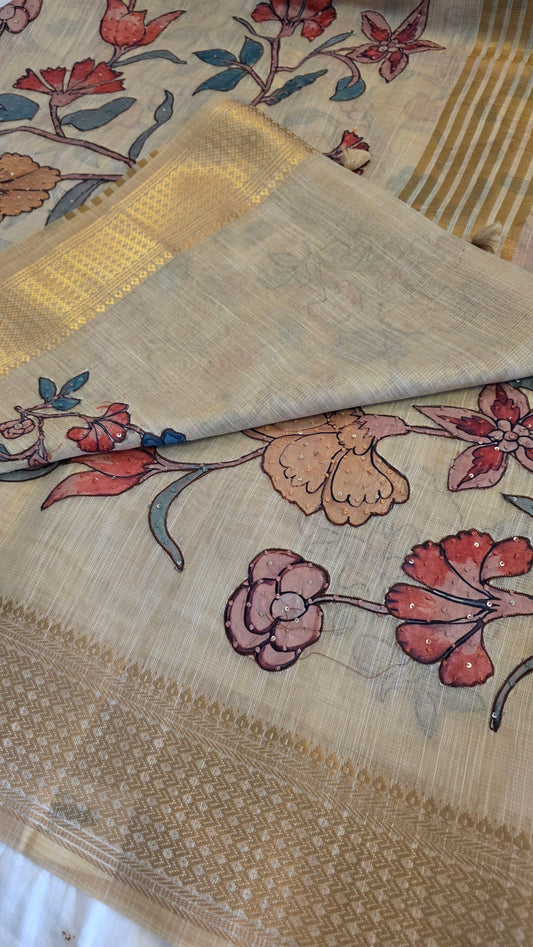 Ivory Linen silk Kalamkari applique | Saree