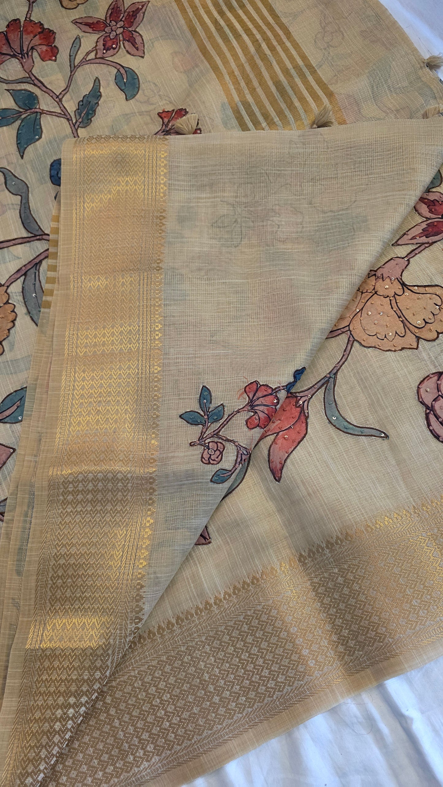 Ivory Linen silk Kalamkari applique | Saree