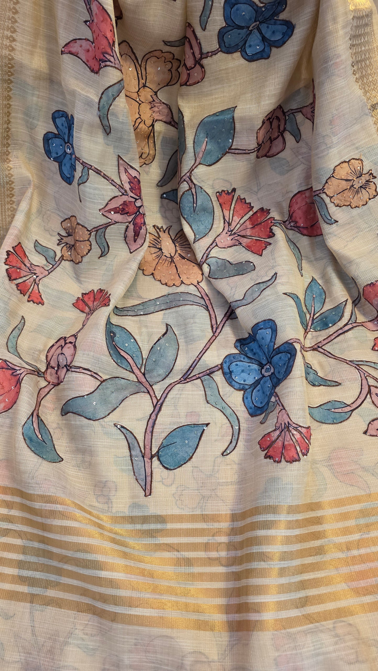 Ivory Linen silk Kalamkari applique | Saree