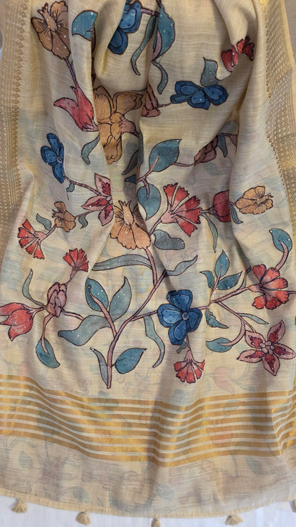 Ivory Linen silk Kalamkari applique | Saree