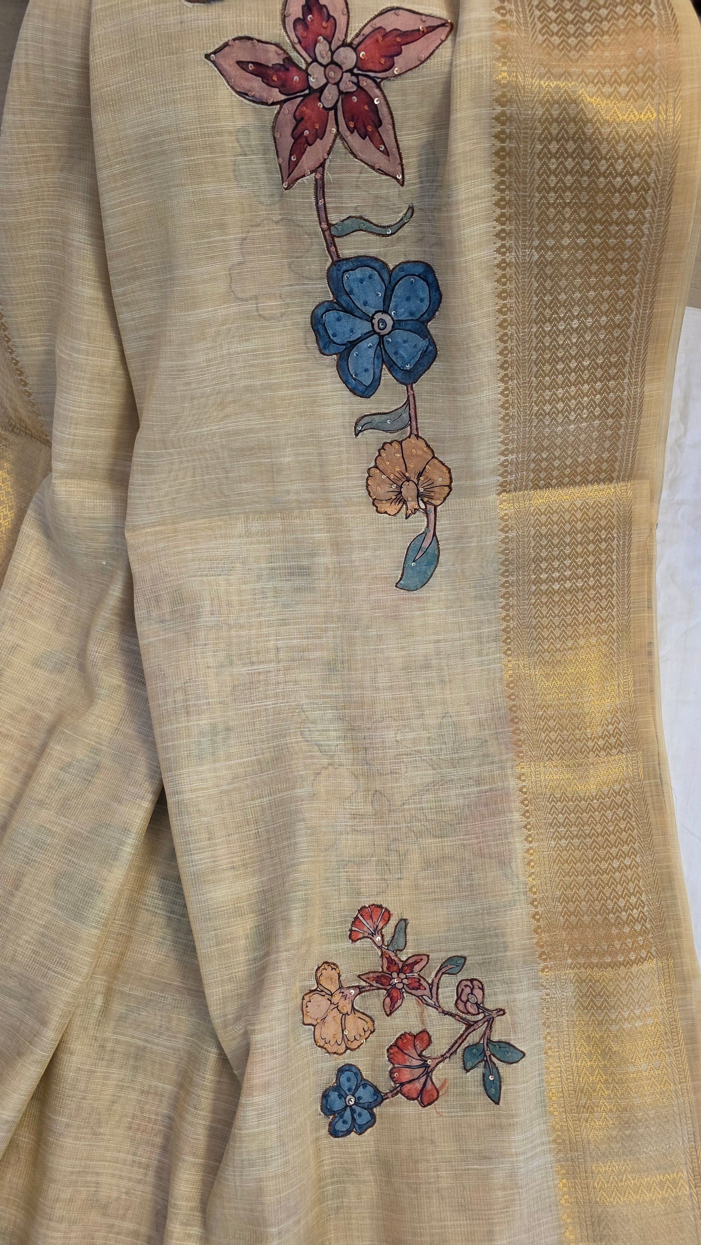 Ivory Linen silk Kalamkari applique | Saree