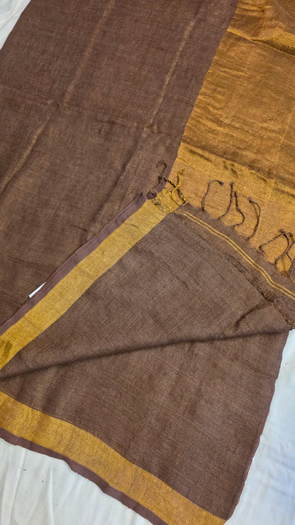 Brown Pure Linen Tissue Saree