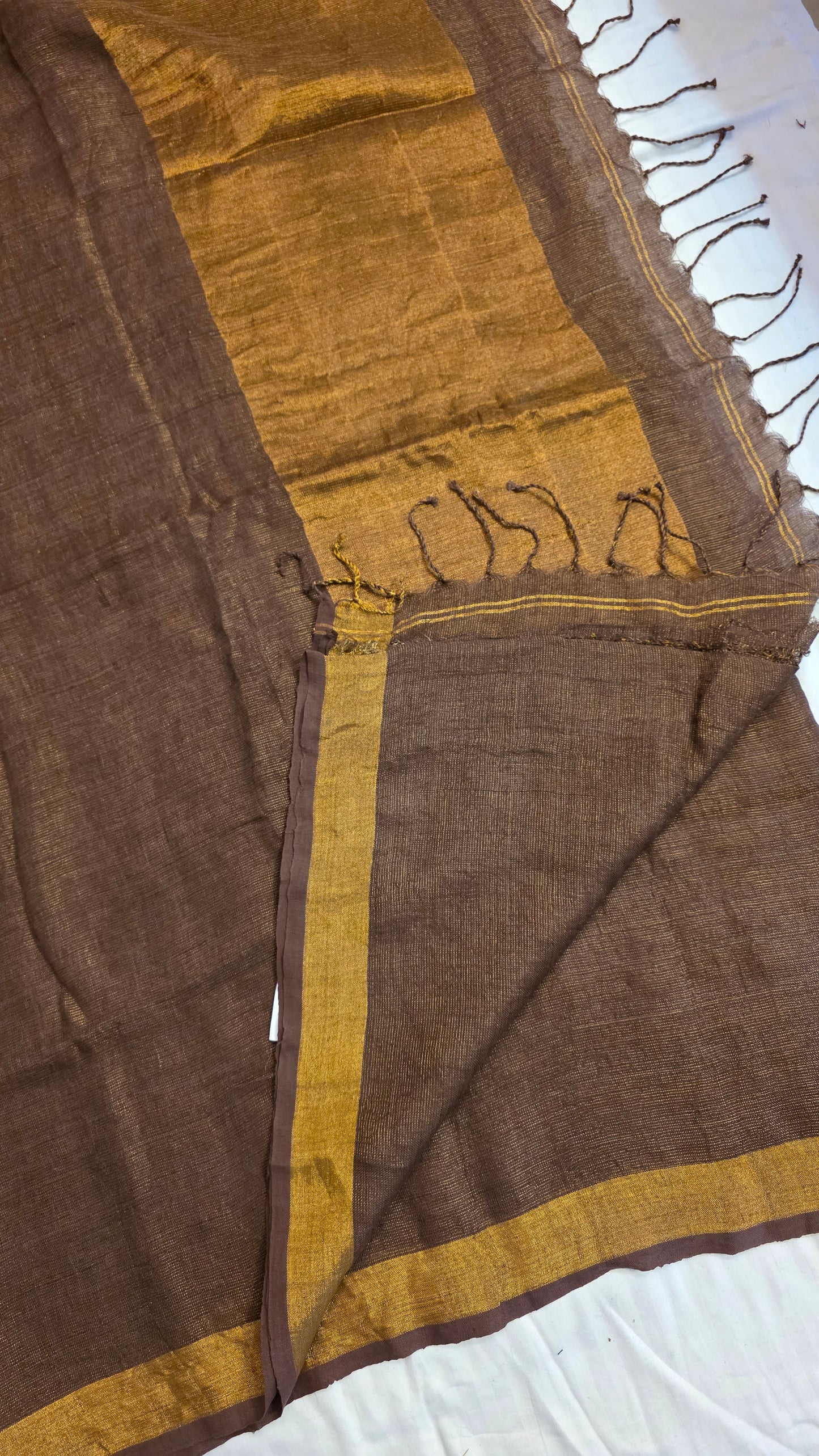 Brown Pure Linen Tissue Saree