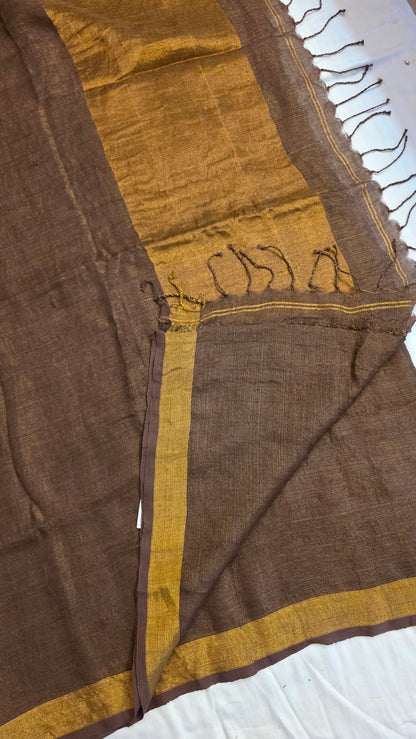 Brown Pure Linen Tissue Saree