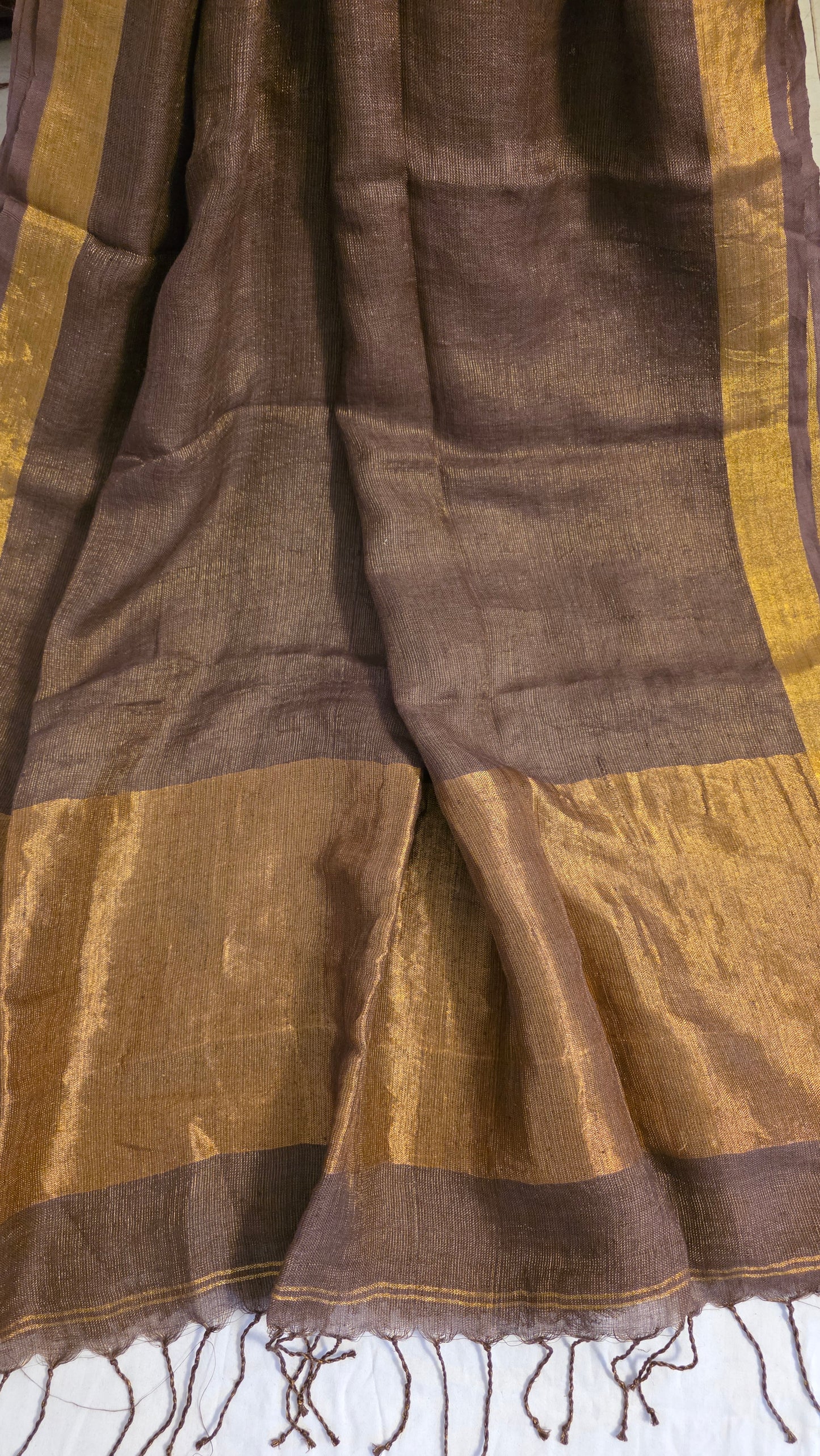 Brown Pure Linen Tissue Saree