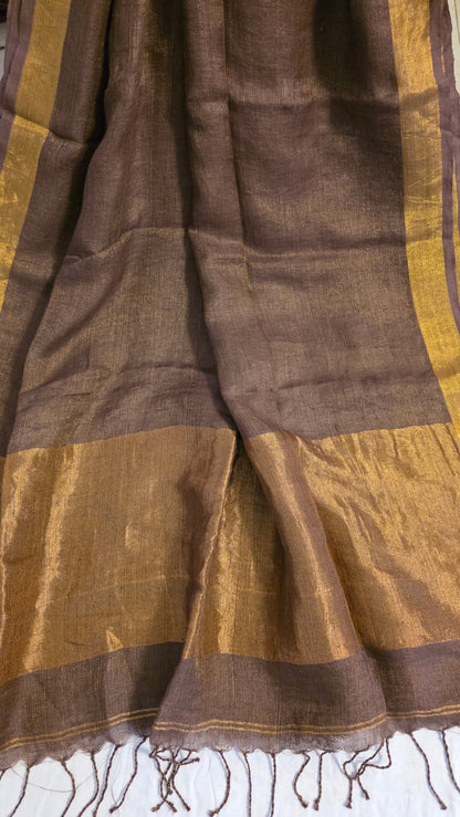 Brown Pure Linen Tissue Saree