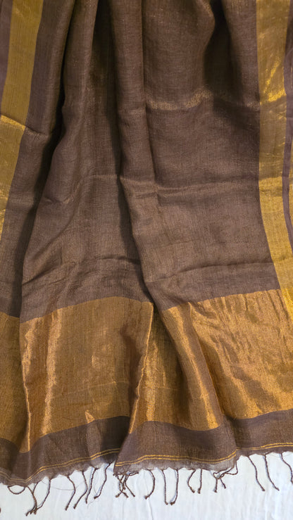 Brown Pure Linen Tissue Saree