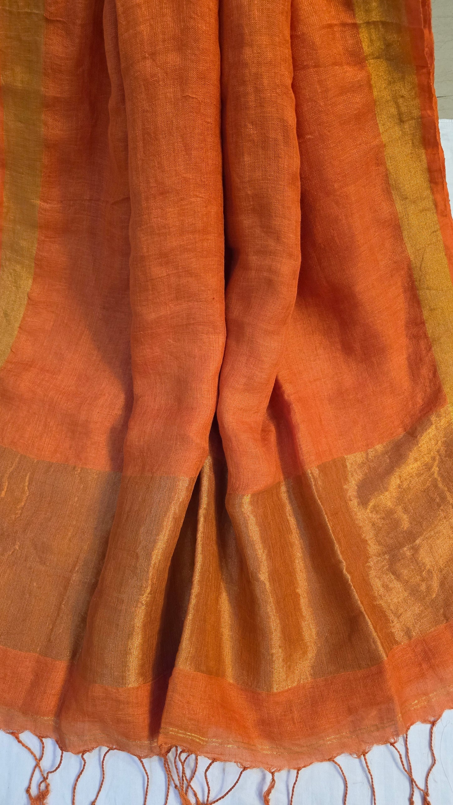 Orange Pure Linen Tissue Saree