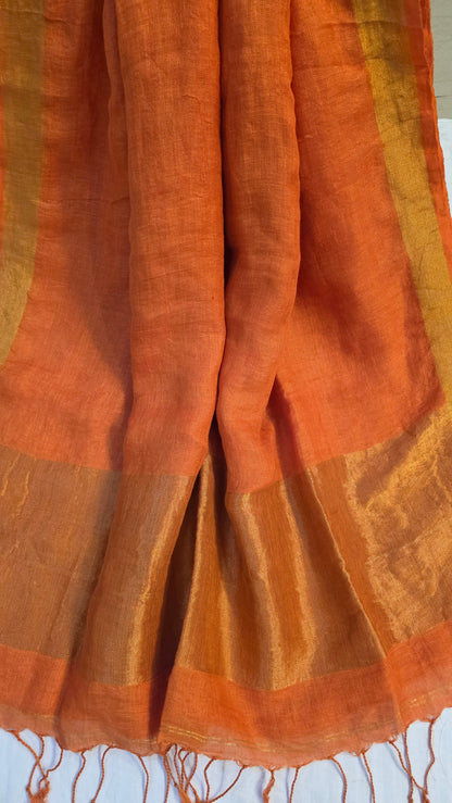 Orange Pure Linen Tissue Saree