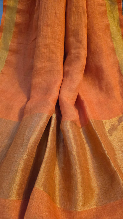 Orange Pure Linen Tissue Saree