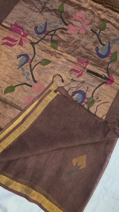 Brown Pure Linen Lotus pallu