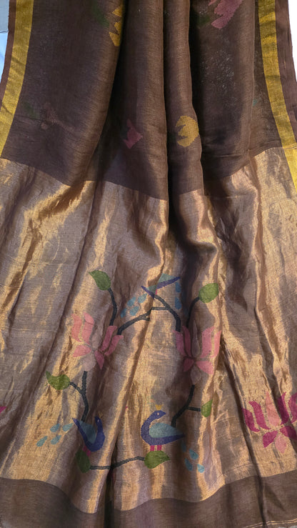 Brown Pure Linen Lotus pallu