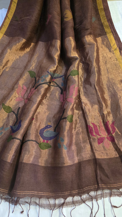Brown Pure Linen Lotus pallu