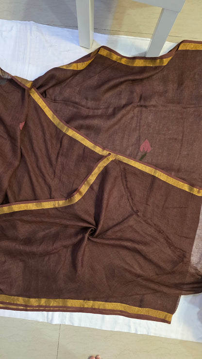Brown Pure Linen Lotus pallu