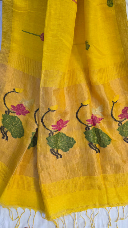 Yellow Linen Lotus jamdani Saree