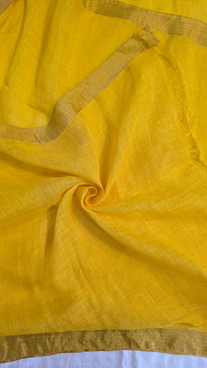 Yellow Linen Lotus jamdani Saree