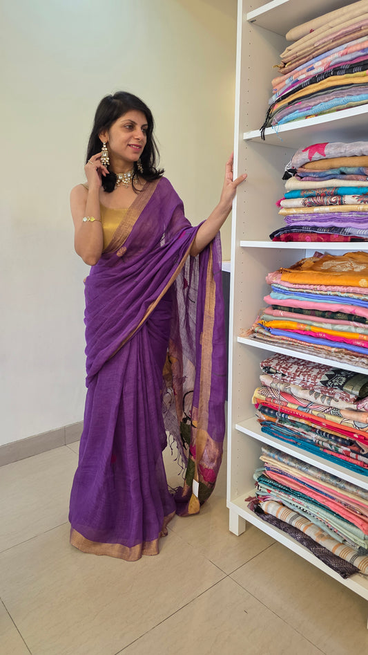 Lavender Pure Linen Lotus pallu