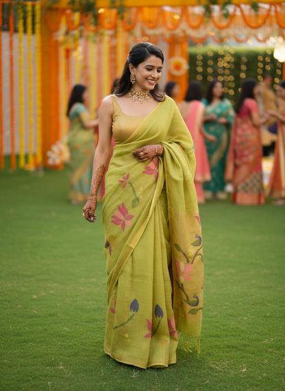 Green Linen Lotus jamdani Saree