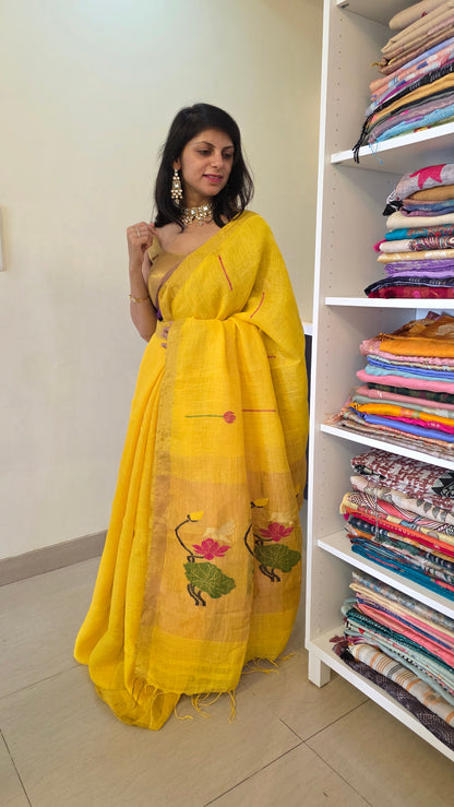 Yellow Linen Lotus jamdani Saree