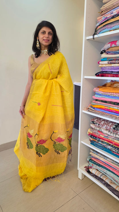 Yellow Linen Lotus jamdani Saree